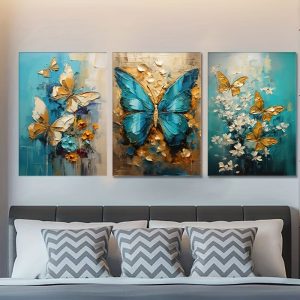 Luxury 3-Piece Butterfly & Floral Wall Frame Set  Textured Gold & Blue Art for Modern Bedrooms