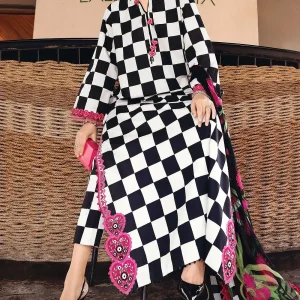 Elegant All-Over Checkerboard Print Embroidered Lawn 3Pc Unstitched Dress with Chiffon Dupatta  Summer Collection 2026