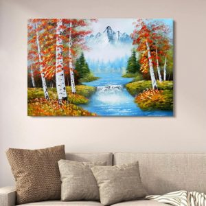 Autumn Mountain River Canvas Art | Scenic Nature Landscape Wall Decor | Artistic Forest Painting for Home | 12x16 Inches