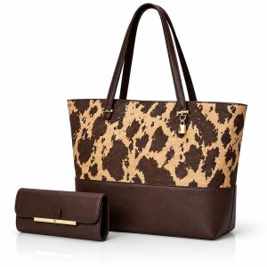2 Pcs Premium Cow Print Tote Bag Set for Women  Stylish Shoulder Handbag with Matching Pouch