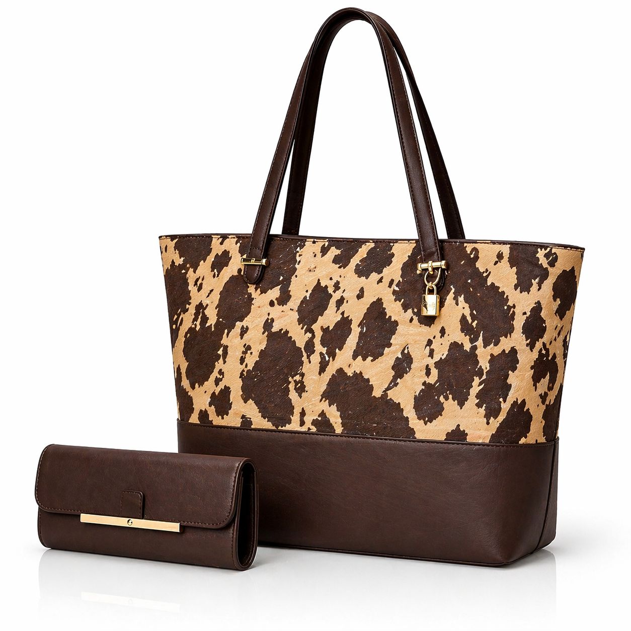 2 Pcs Premium Cow Print Tote Bag Set for Women Stylish Shoulder Handbag with Matching Pouch