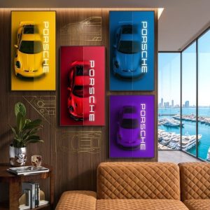 Set of 4 Car Design Sticky Photo Tiles Wall Frames for Home & Office Decor