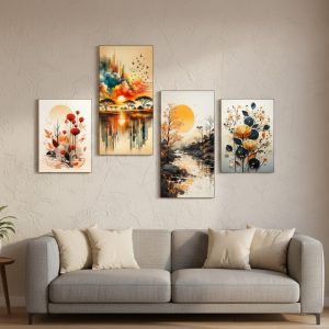 Set of 4 Orange Grey African Valley Scenic Lowlands | Wooden Sticky Wall Tiles | 8x16 & 8x11 | Double Tape Included