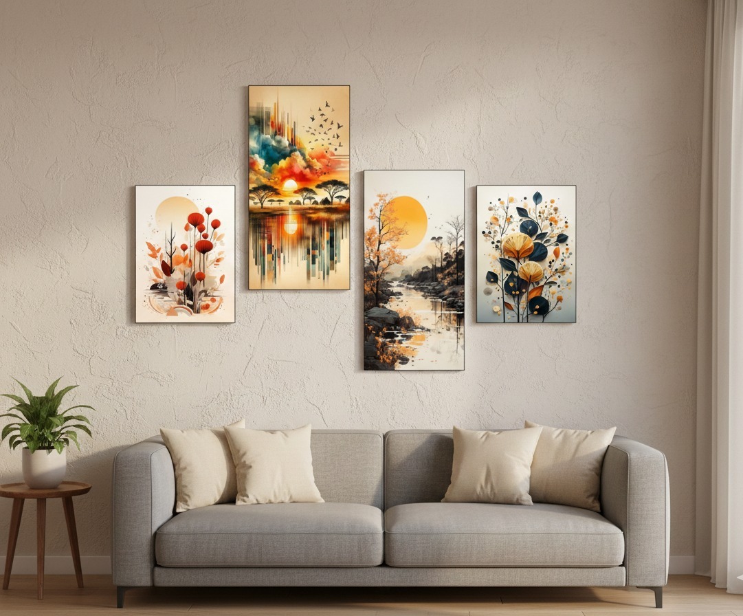 Set of 4 Orange Grey African Valley Scenic Lowlands | Wooden Sticky Wall Tiles | 8x16 & 8x11 | Double Tape Included