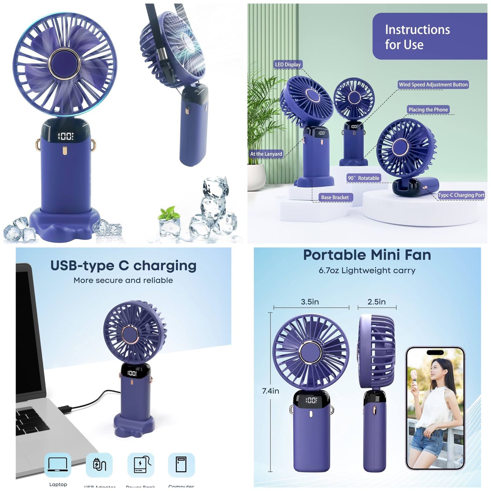 Digital Display Portable Mini Fan – 5-in-1 Multipurpose USB-C Rechargeable Handheld Fan - With Cable (Random Color) - Image 2
