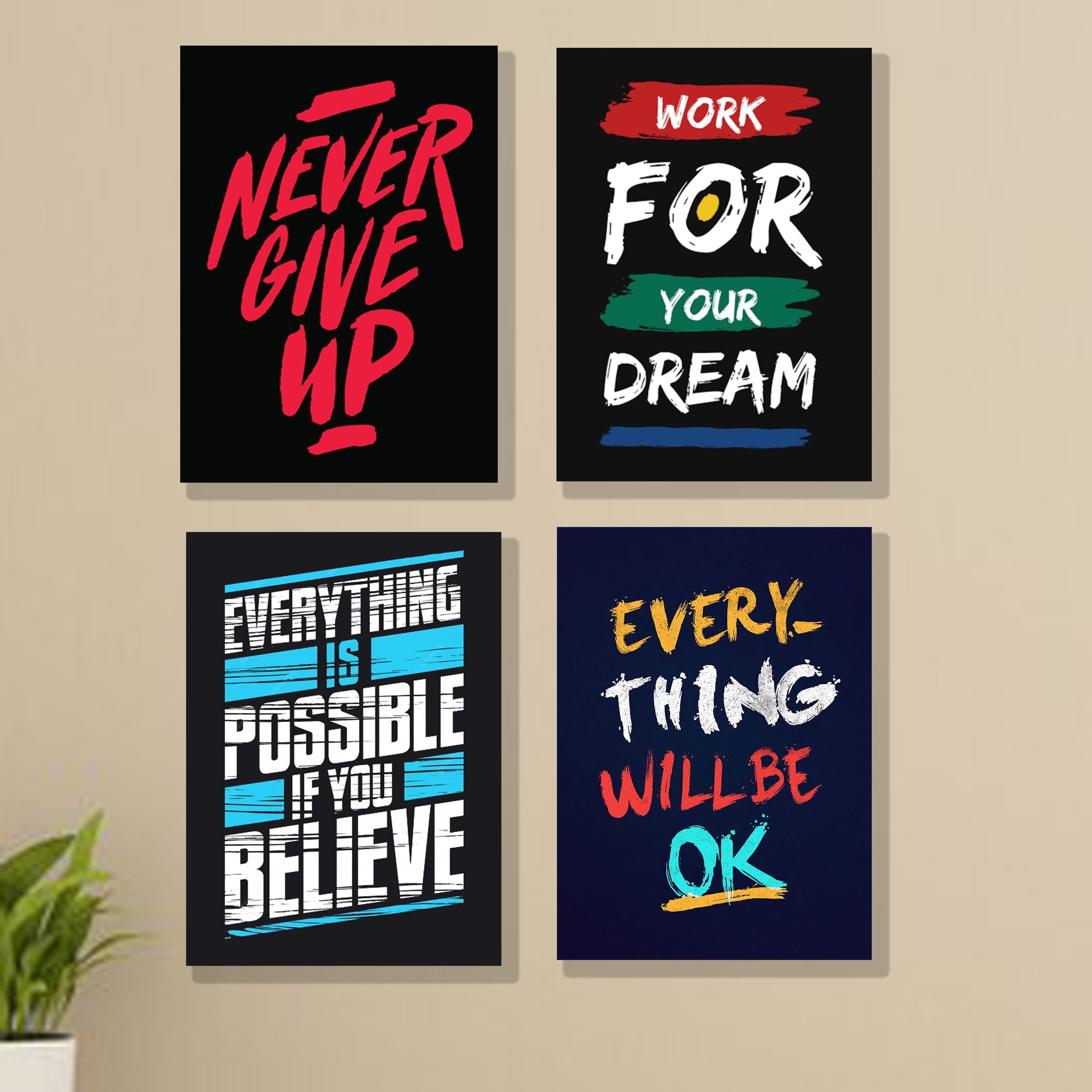 Set of 4 Motivational Wall Art Frames 8x11 MDF with Sticky Backing