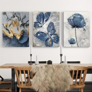 Elegant 3-Piece Flower Wall Frame Set  Blue & Gold Abstract Art for Modern Décor
