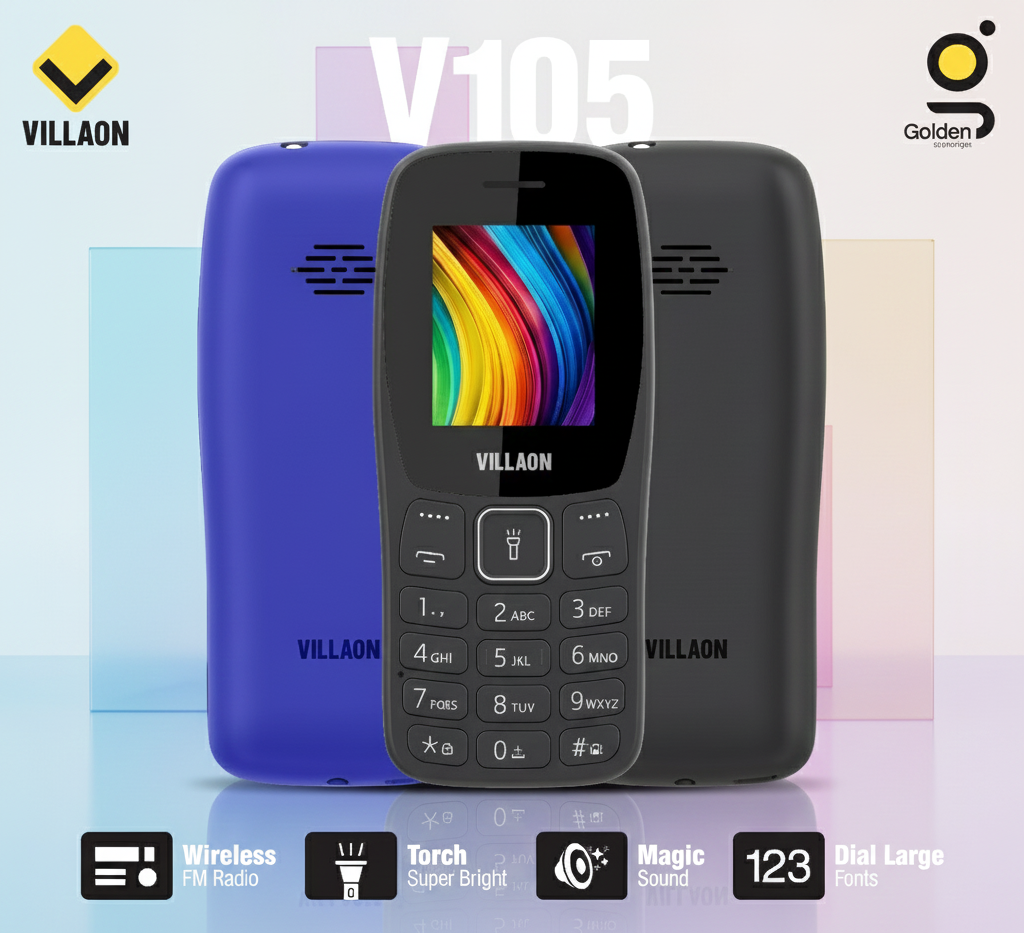 Villaon V105 Dual SIM Feature Phone Ultra-Bright Torch, Wireless FM Radio, and Large Font Display for Enhanced Accessibility