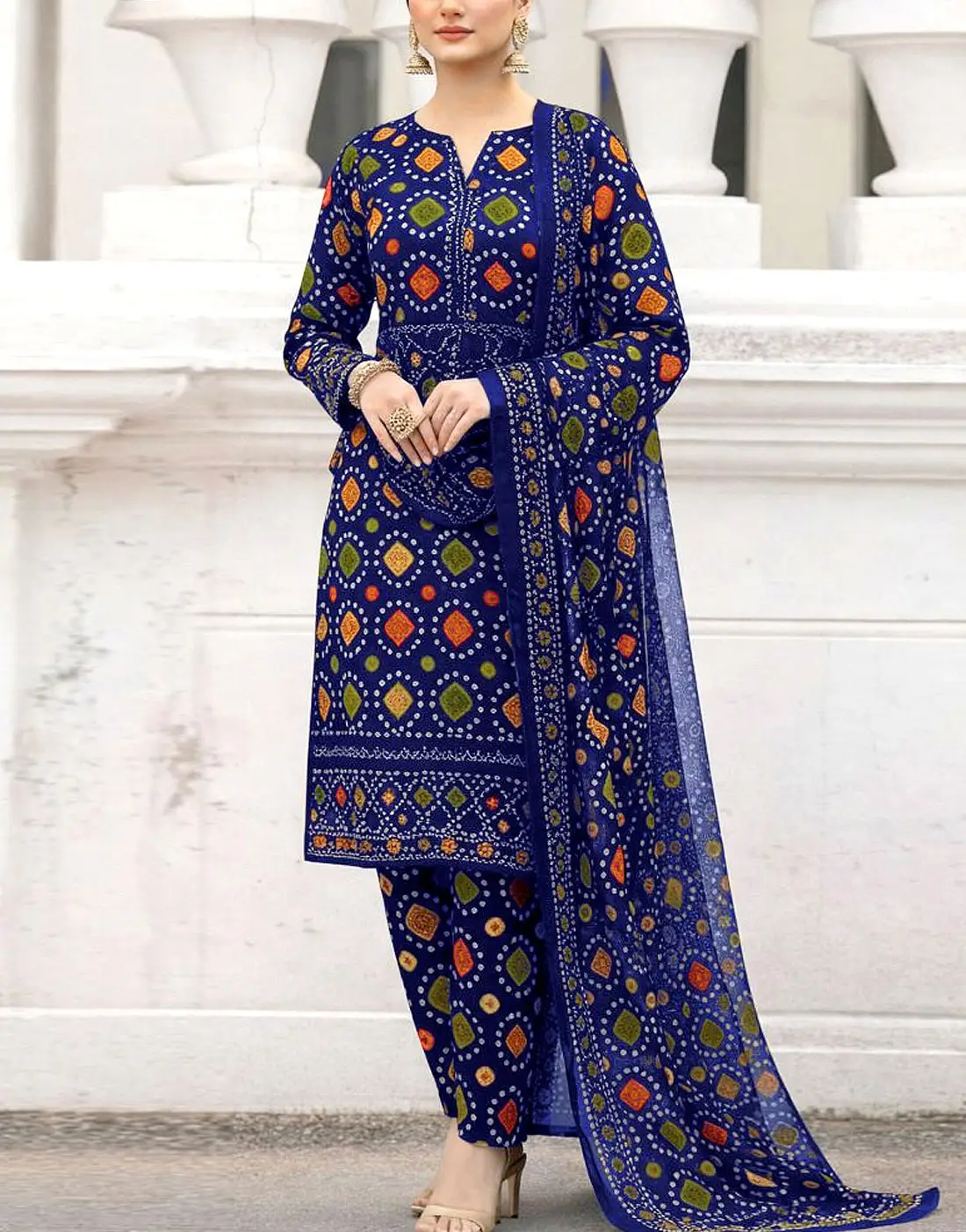 Stylish Digital Chunri Print Embroidered Lawn 3PC Unstitched Suit with Chiffon Dupatta