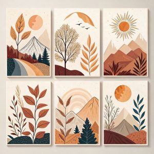 Hills Moon Sun Leaves Wooden Wall Art  6 Piece Decorative Frame Set Made With Wooden Stickytile, Size 8x11 Inches Each, Easy To Mount With Double Tape