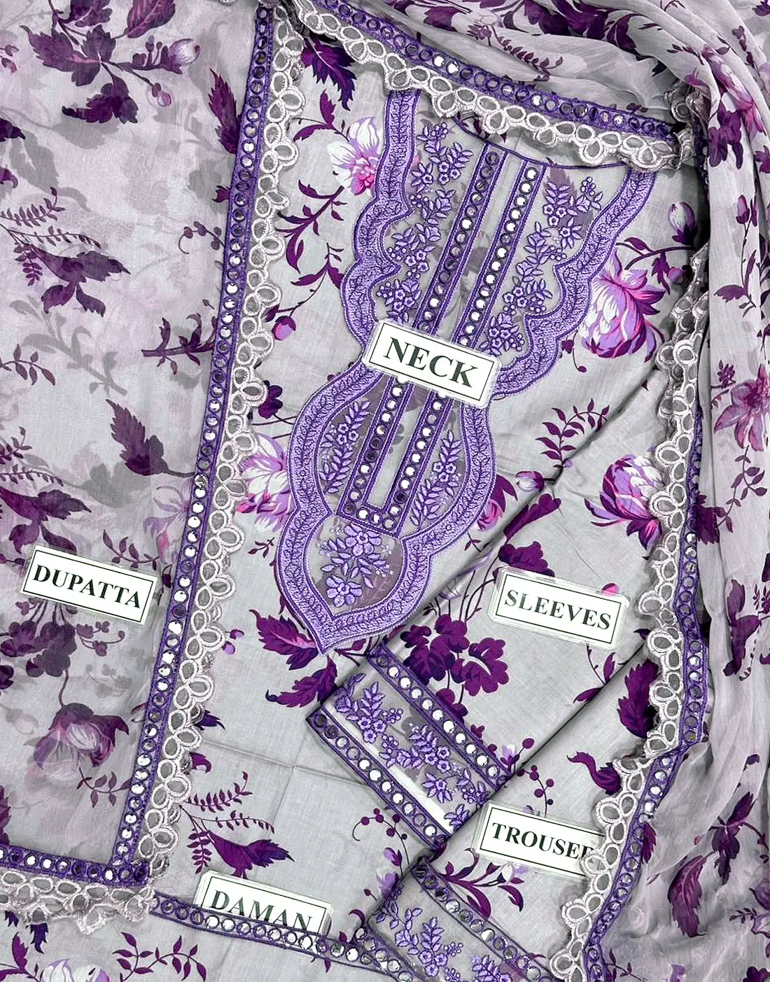 Aneelas Luxury 9mm Sequins Embroidered Lawn 3 Piece Unstitched Dress with 4-Side Embroidered Chiffon Dupatta - Image 3