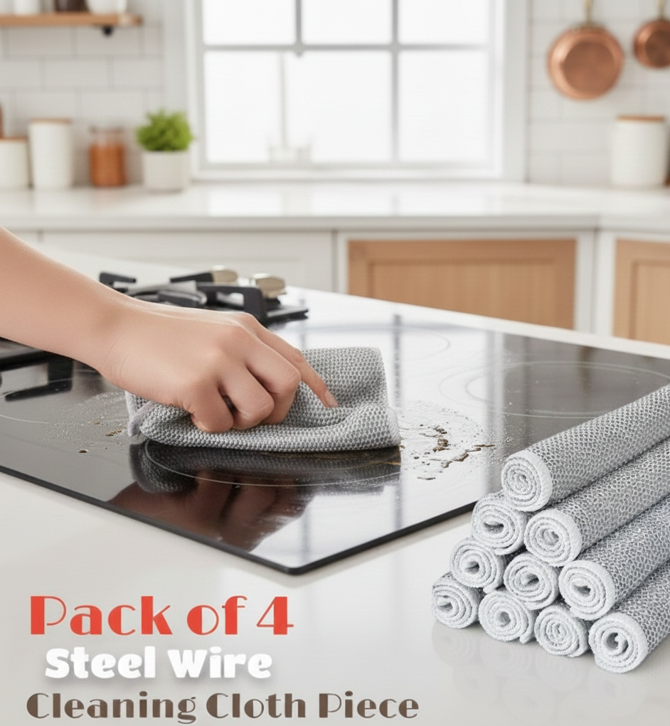 Pack of 4 Kitchen Steel Mesh Wire DishWasher Cleaning Cloth Durable Dishwashing Scrubber Pads for Utensils, Pots, Pans & Daily Kitchen Cleaning