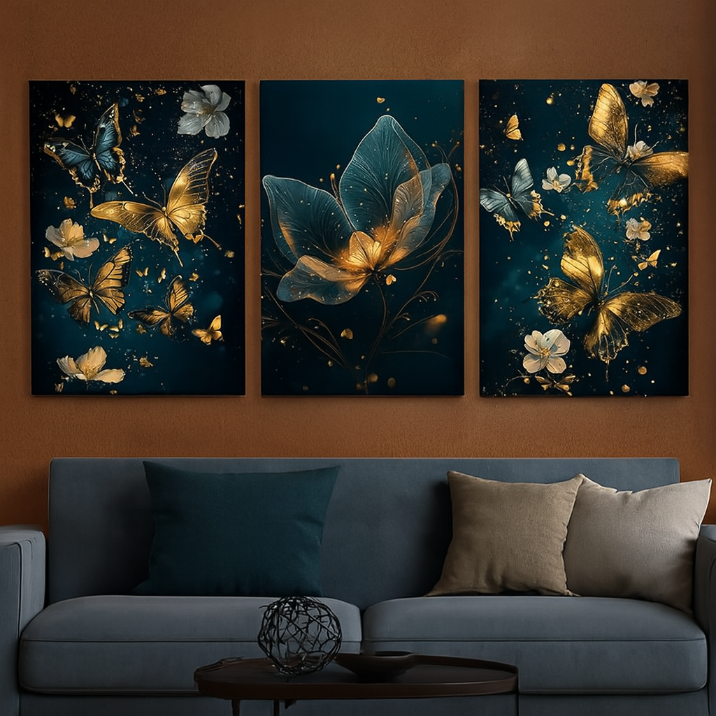 3 Pcs Butterfly Wall Art Frame Set Elegant Golden Butterfly And Floral Design With Wooden Sticky Tile 8x11 Inches With Double Tape - Image 2