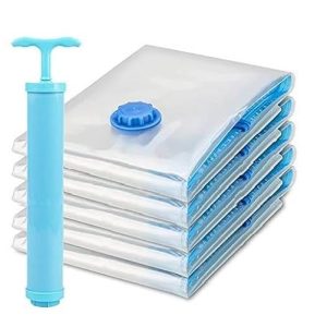 Vacuum Storage Bags Set (5 Bags + 1 Hand Pump) Reusable Space Saver Compression Bags for Clothes, Bedding & Travel