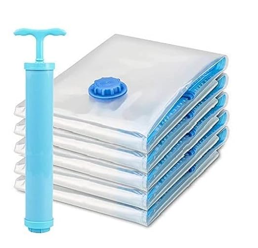 Vacuum Storage Bags Set (5 Bags + 1 Hand Pump) Reusable Space Saver Compression Bags for Clothes, Bedding & Travel