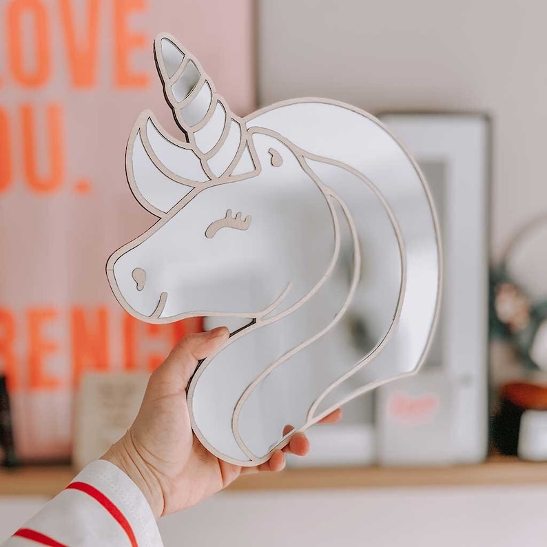 Acrylic Mirror Unicorn Wall Decoration Shatterproof Silver Mirror & Wood 3D Wall Art Sticker Decal for Kids Room (25 x 29) - Image 2