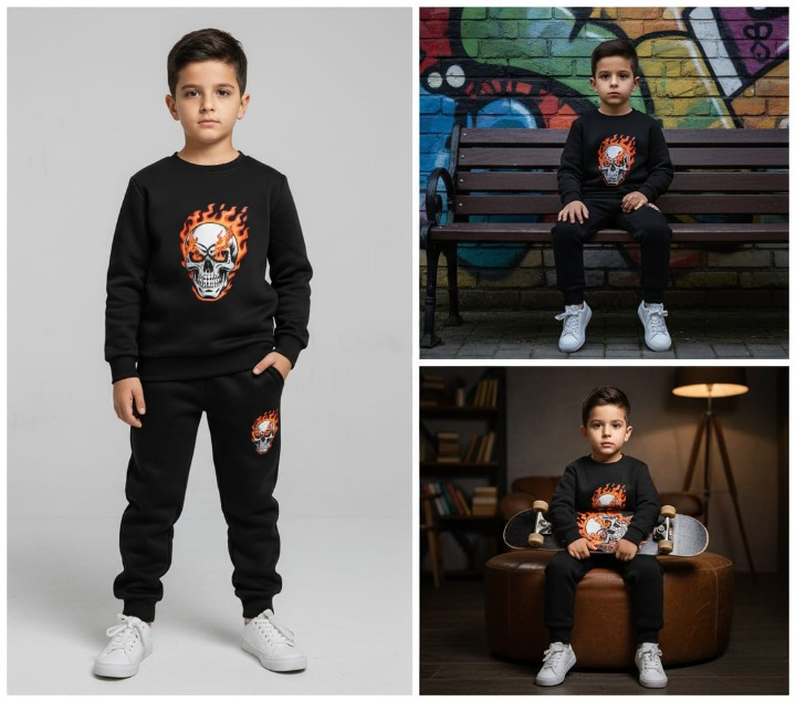 Black Printed Kids Tracksuit - Image 2
