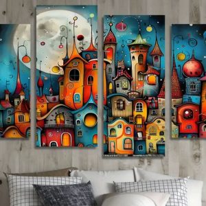 Abstract Fantasy City Wall Art Canvas Set Colorful Modern Decorative Panels (Size : 2pcs 8*14 & 2pcs 8*16)