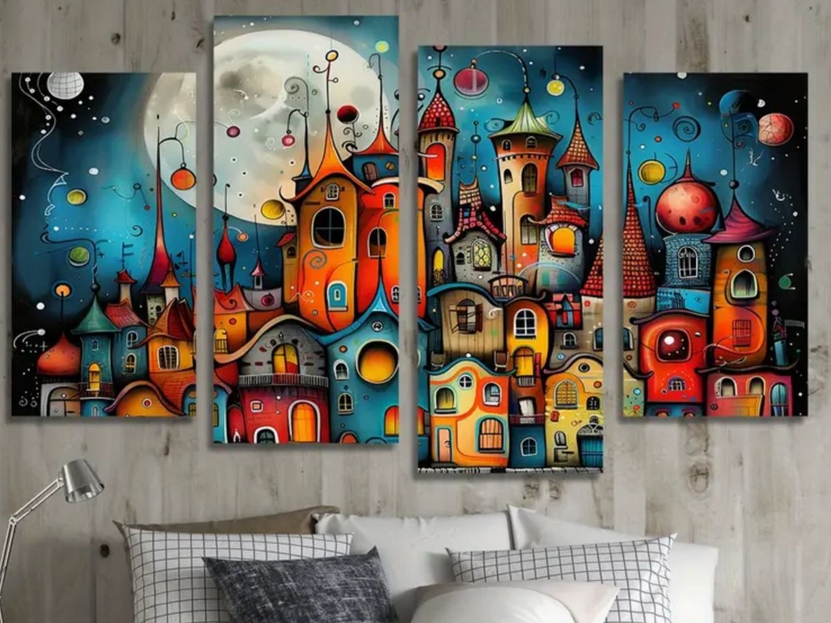 Abstract Fantasy City Wall Art Canvas Set Colorful Modern Decorative Panels (Size : 2pcs 8*14 & 2pcs 8*16)