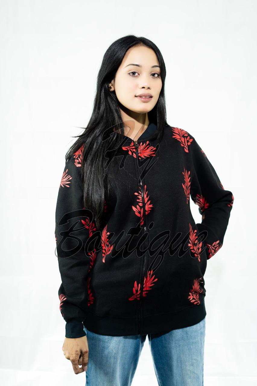 Winter Collection Womens Red Leaf Print Jacket | Stylish & Warm Outerwear | Trendy Winter Fashion for Ladies - Image 2