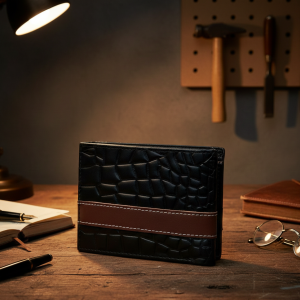 Mens Croc-Texture Cow Leather Wallet Black with Maroon Strip | Stylish Bifold Slim Wallet