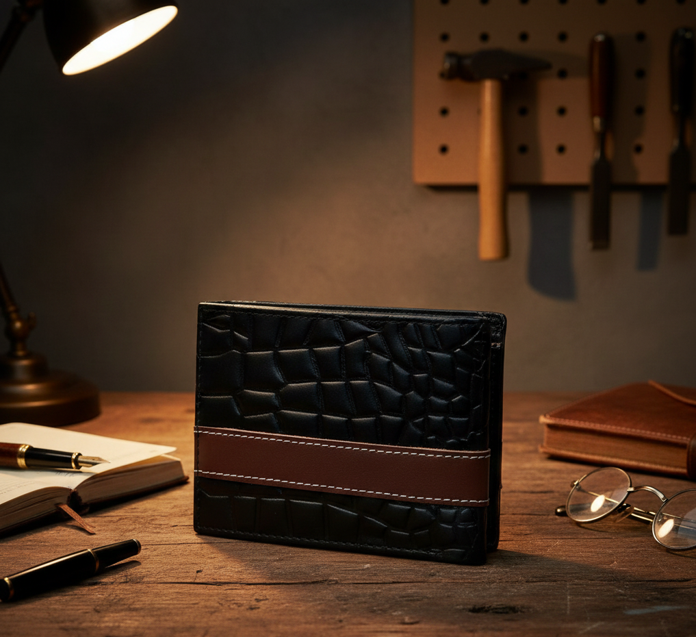 Mens Croc-Texture Cow Leather Wallet Black with Maroon Strip | Stylish Bifold Slim Wallet