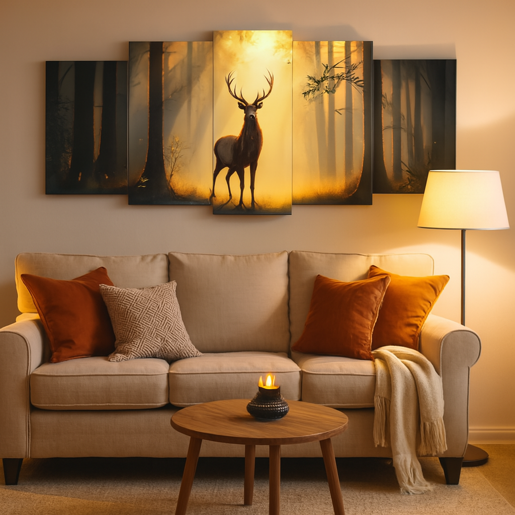 5-Piece Wooden Wall Frame Deer in Forest Sunset Design | 16x40 Inch with Sticky Tiles - Image 2