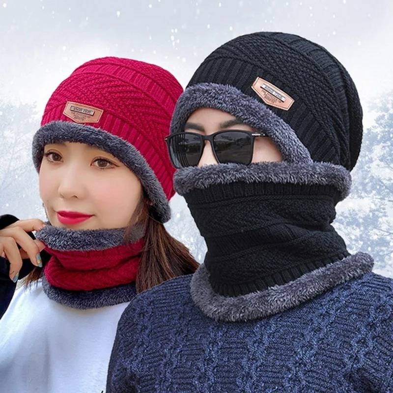 Winter Beanie Hat For Men Fleece Scarf Women Knitted Hat Warm Cap Thick Wool Neck Warmer Scarf Balaclava Mask Skullies Beanies (Random Color) - Image 2