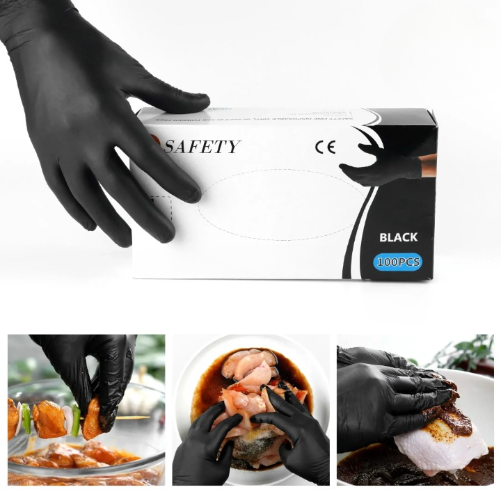 Safety Fine Black Nitrile Gloves  Powder-Free, Disposable  Box of 100