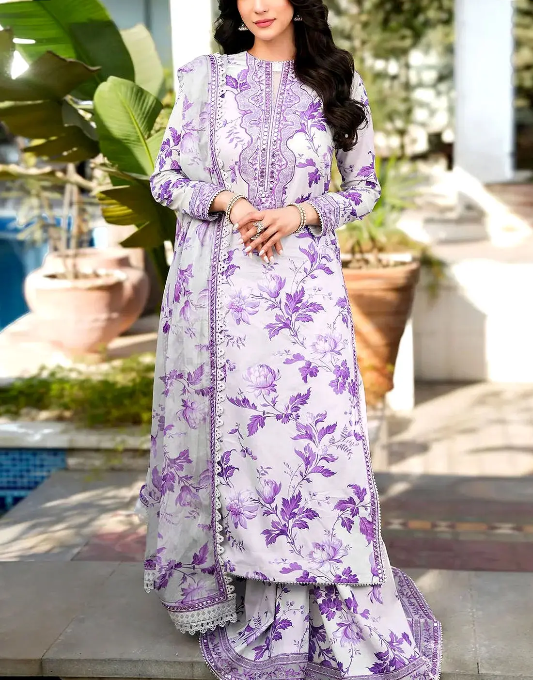 Aneelas Luxury 9mm Sequins Embroidered Lawn 3 Piece Unstitched Dress with 4-Side Embroidered Chiffon Dupatta