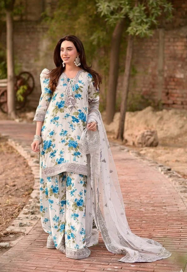 Elegant All-Over Print Embroidered Lawn 3 Piece Unstitched EID Dress with Embroidered Chiffon Dupatta
