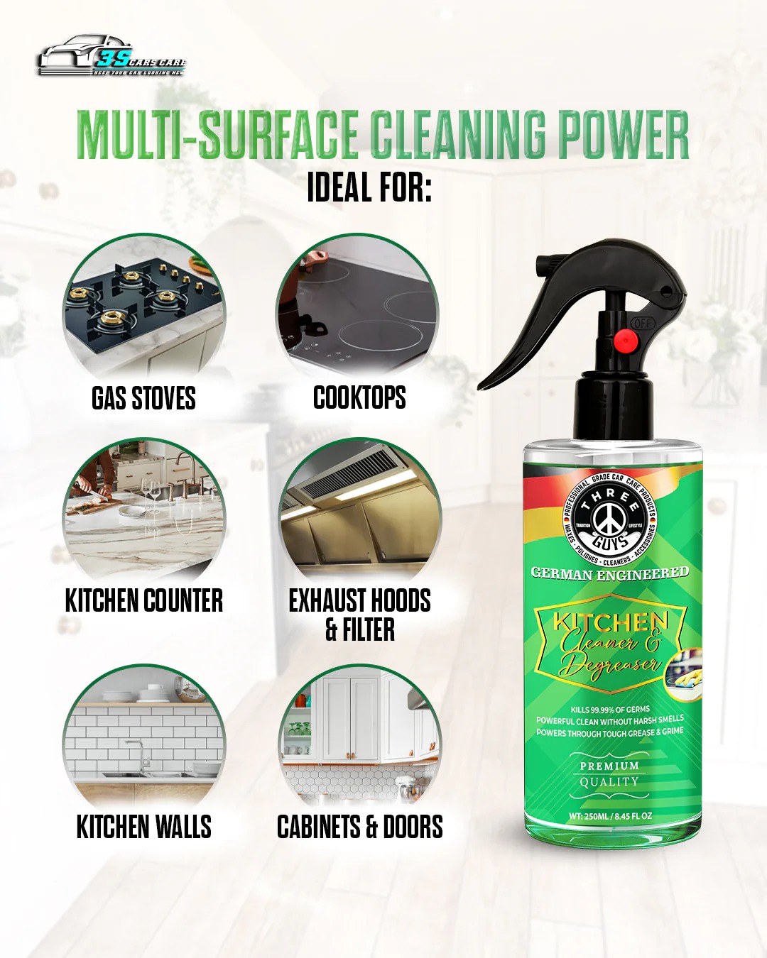 Kitchen Cleaner & Degreaser Heavy Duty, Germ-Killing & Grease-Fighting Formula | THREE GUYS - German Engineered (250) ML - Image 4