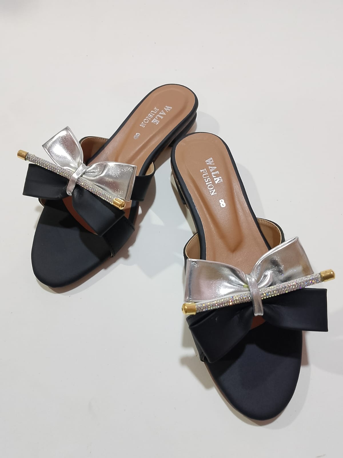 Walk Fusion Luxe Rhinestone-Accented Bow Slides Elegant Slip-On Flat Sandals - Image 3