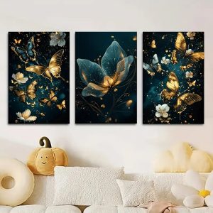 3 Pcs Butterfly Wall Art Frame Set  Elegant Golden Butterfly And Floral Design With Wooden Sticky Tile  8x11 Inches With Double Tape
