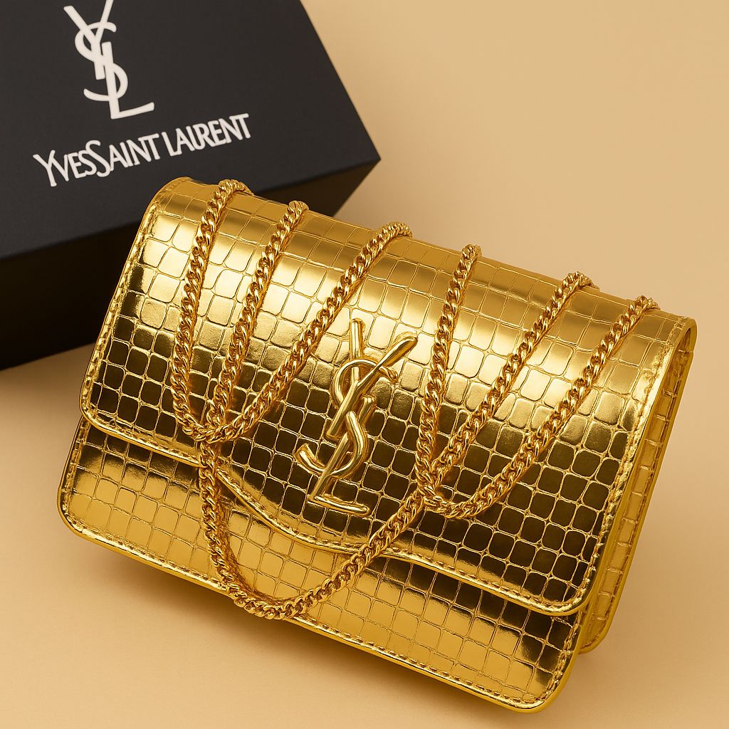 Premium Croc-Embossed Vegan Leather Crossbody Bag with Elegant Gold-Tone Chain Strap and Iconic Signature Hardware - Image 2