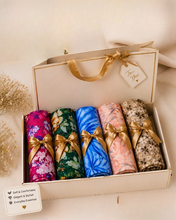 5-Piece Printed Lawn Hijab Bundle with 4-in-1 Multi-Color Inner Cap Soft Premium Lawn Scarves for Women | Random Color Mix Print - Image 3