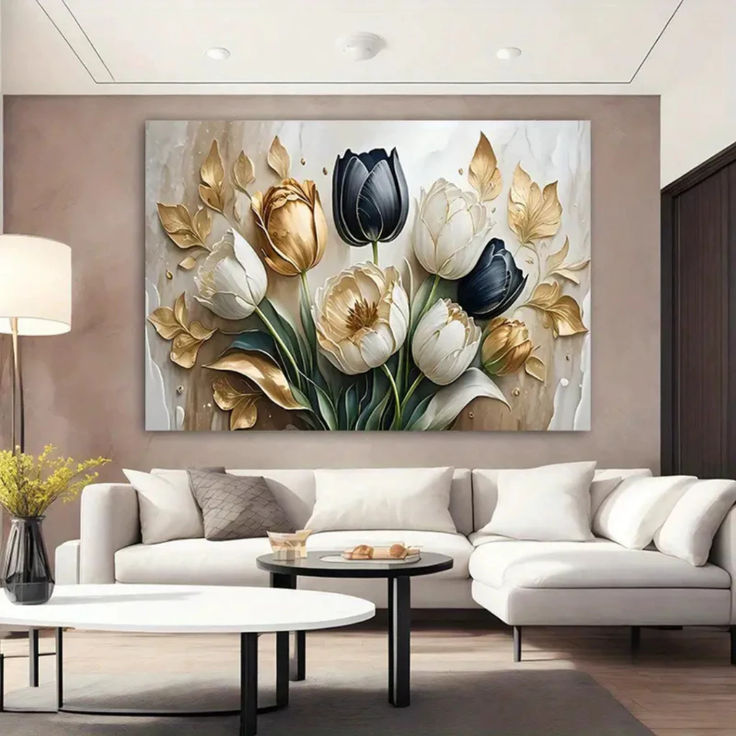Modern 3D Effect Luxury Floral Wall Art Frame Featuring Golden and Black Tulips Abstract Oil Painting Style Decor Size 12x16 with Double Sided Tape