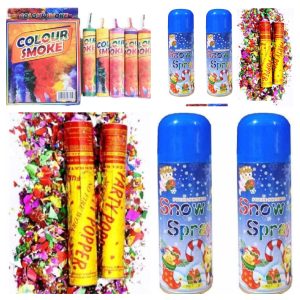 Celebration Combo Pack 2 Snow Sprays + 2 Party Poppers + 5 Color Smoke Bombs for Birthdays & Parties