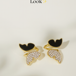 Zircon Butterfly Style Earrings for Women Elegant Golden & Silver Studs with Black Enamel and Sparkling Stones (AWJ-997)