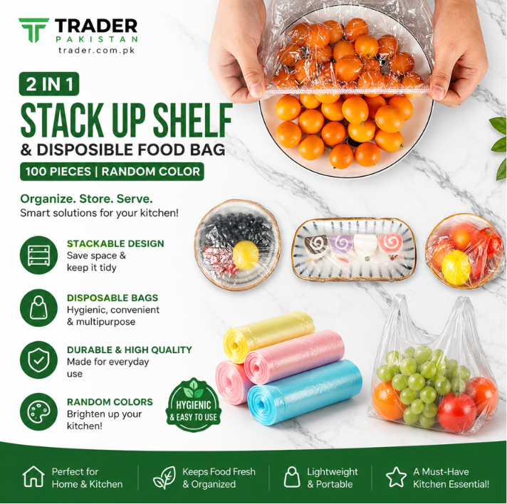 2-in-1 Stack-Up Shelf + 100 Disposable Food Bags!
