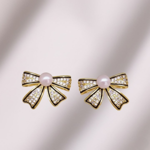 PJT-995 Bow Shape Zircon Pearl Earrings for Women  Korean Style Jewelry with Sparkling Zircon & Classic Pearl Center | Available in Golden & Silver