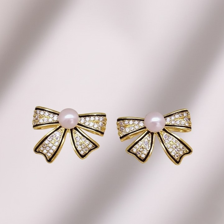 PJT-995 Bow Shape Zircon Pearl Earrings for Women Korean Style Jewelry with Sparkling Zircon & Classic Pearl Center | Available in Golden & Silver