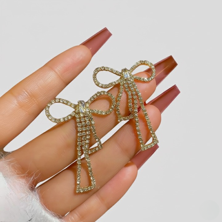 PQT-985 Touch Of Glamour To Your Look With These Bow Shape Zircon Korean Earrings Color Golden - Image 3