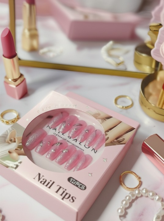 Luxury Pink Nail Tips Set 12 PCS False Nails with Glitter & Rhinestone Design | Elegant Salon-Style Press-On Nails for Parties, Weddings & Everyday Fashion - Image 2