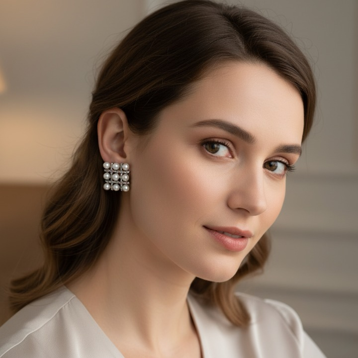 Pearl Square Korean Earrings Elegant Womens Fashion Jewelry in Silver and Golden Colors PJT-106 - Image 5
