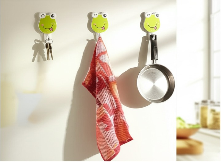 Pack Of 3 Self Adhesive Wall Hooks Waterproof Cartoon Sticky homes for Home & Kitchen | Heavy Duty Multipurpose Storage Hooks | Easy No-Drill Installation | Strong Adhesive for Glass, Wood, Plastic, Stainless Steel | (Random Color) - Image 3