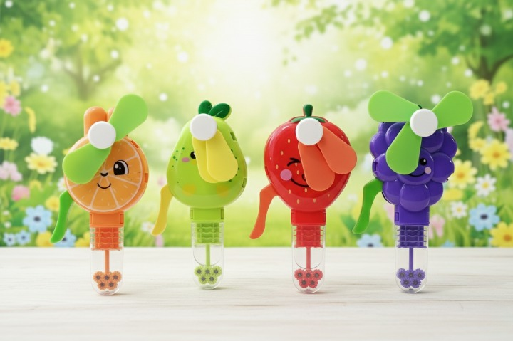 Handheld Fruit Shape Toy Fan for Kids Cute Cartoon Design, Safe Soft Blades, Portable Mini Fan for Summer Play & Cooling (Random Design)