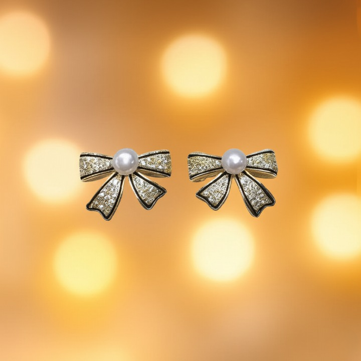 PJT-995 Bow Shape Zircon Pearl Earrings for Women Korean Style Jewelry with Sparkling Zircon & Classic Pearl Center | Available in Golden & Silver - Image 2