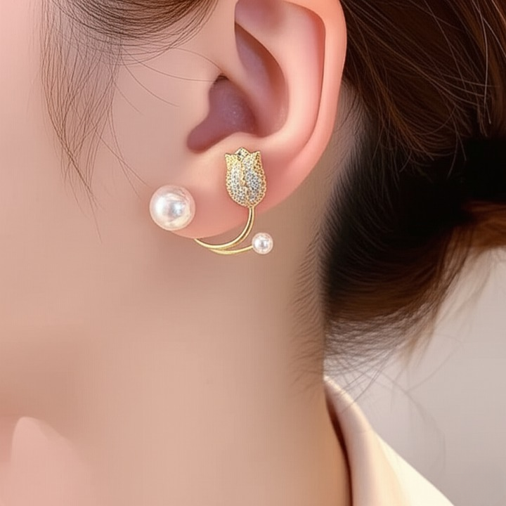 Beautiful Pearl Zircon Korean Flower Earrings for Women Elegant Floral Design with Sparkling Zircon and Pearl Detailing | AWT-999 - Image 5