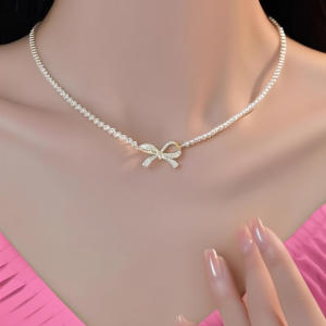 PQT-992 - Bow Shape Pearl Pendant Necklace for Women Dainty Jewelry with Sparkling Bow Design | Available in Silver & Golden Finish